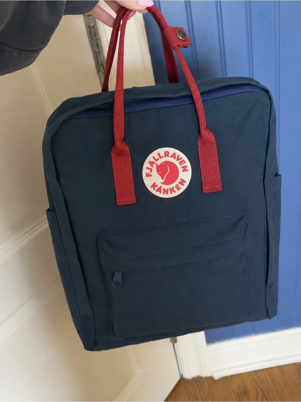 Fjallraven Kånken Deep Blue Backpack with Red Handles